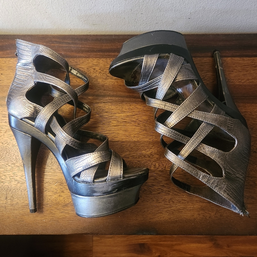 bebe | Adrianna Embossed Pewter Gladiator Heels - Picture 6 of 9